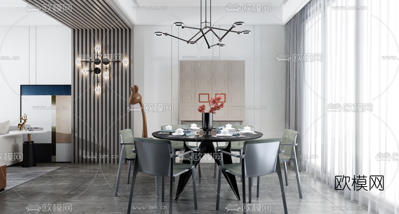 现代客厅餐厅3d模型下载（渲染图2）