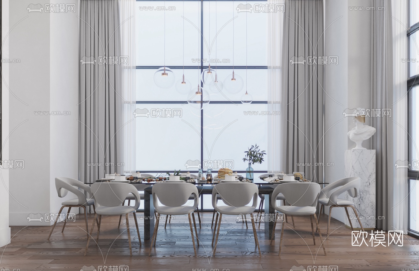现代条形餐桌椅3d模型