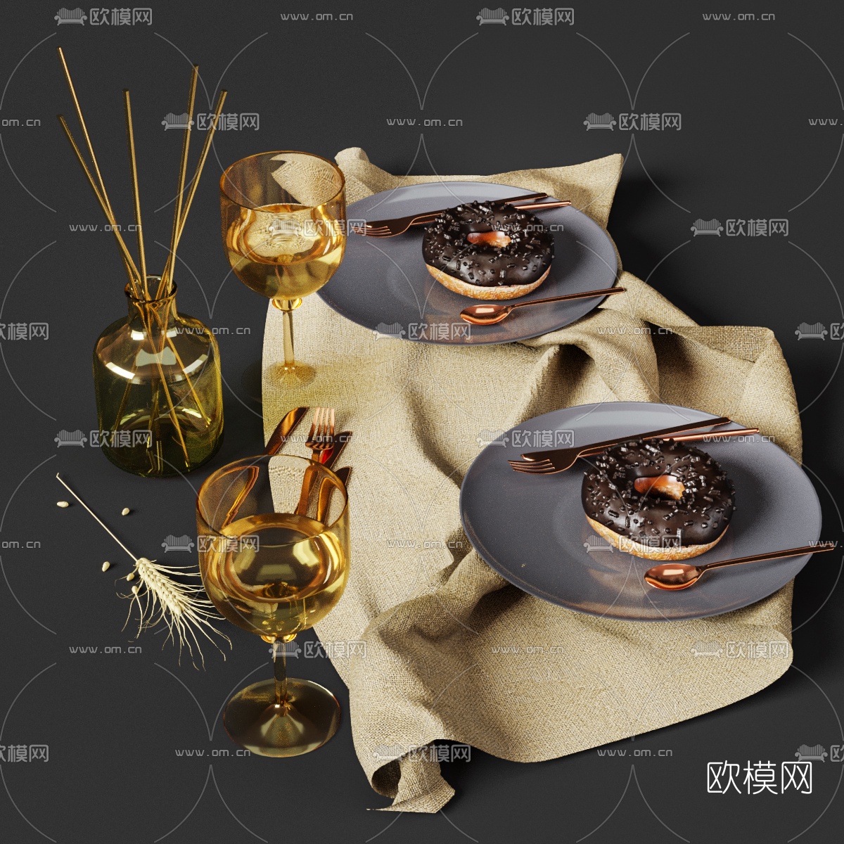 现代餐盘酒杯花瓶装饰品3d模型下载（渲染图1）