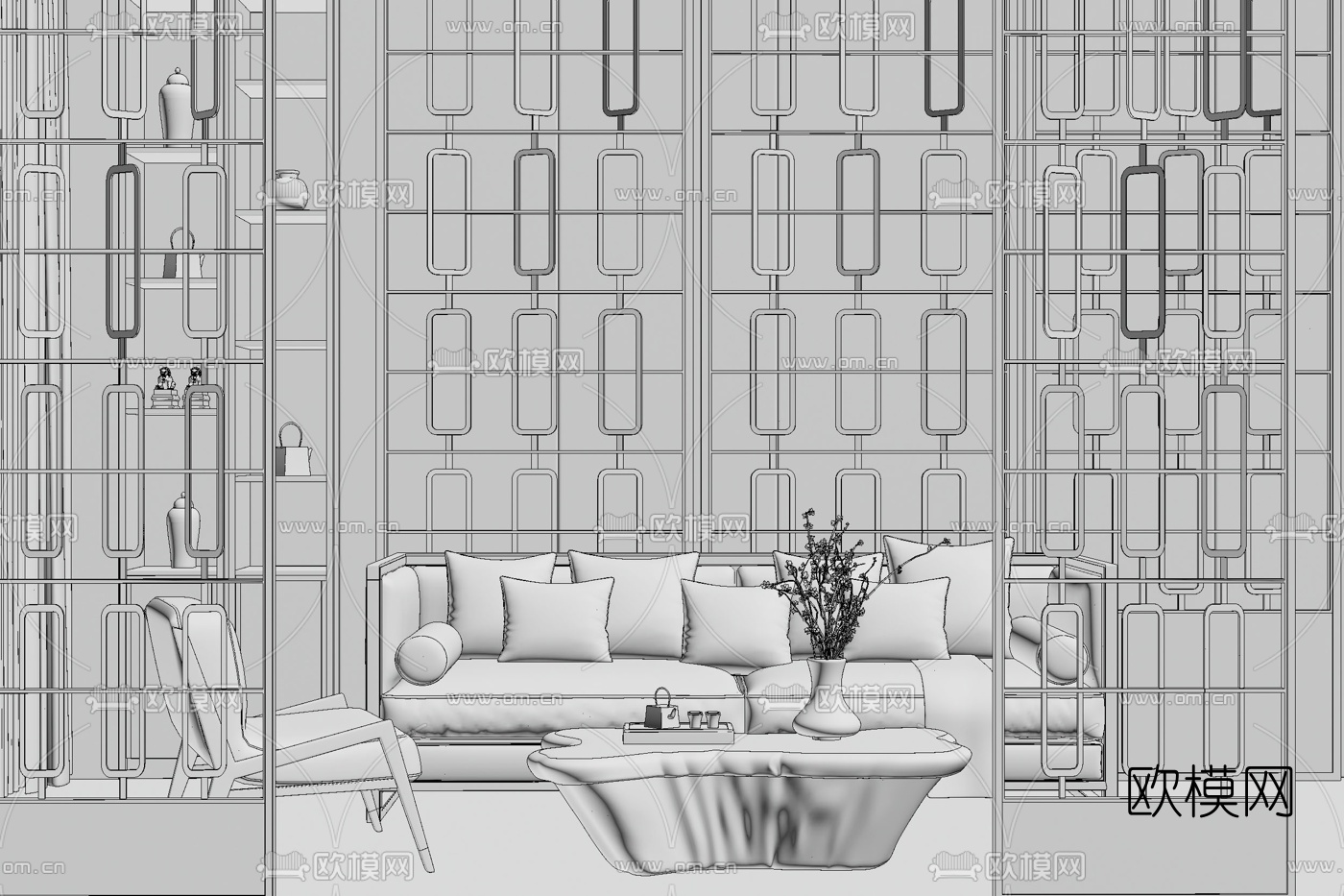 新中式布艺组合沙发su模型下载（渲染图2）