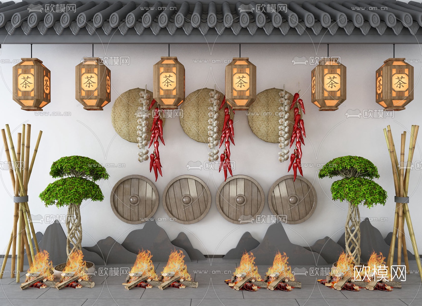 自然风吊灯盆景竹竿篝火景观小品3d模型下载