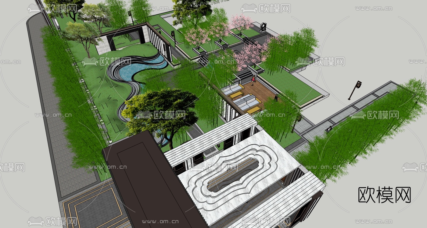 新中式庭院景观su模型下载（渲染图2）
