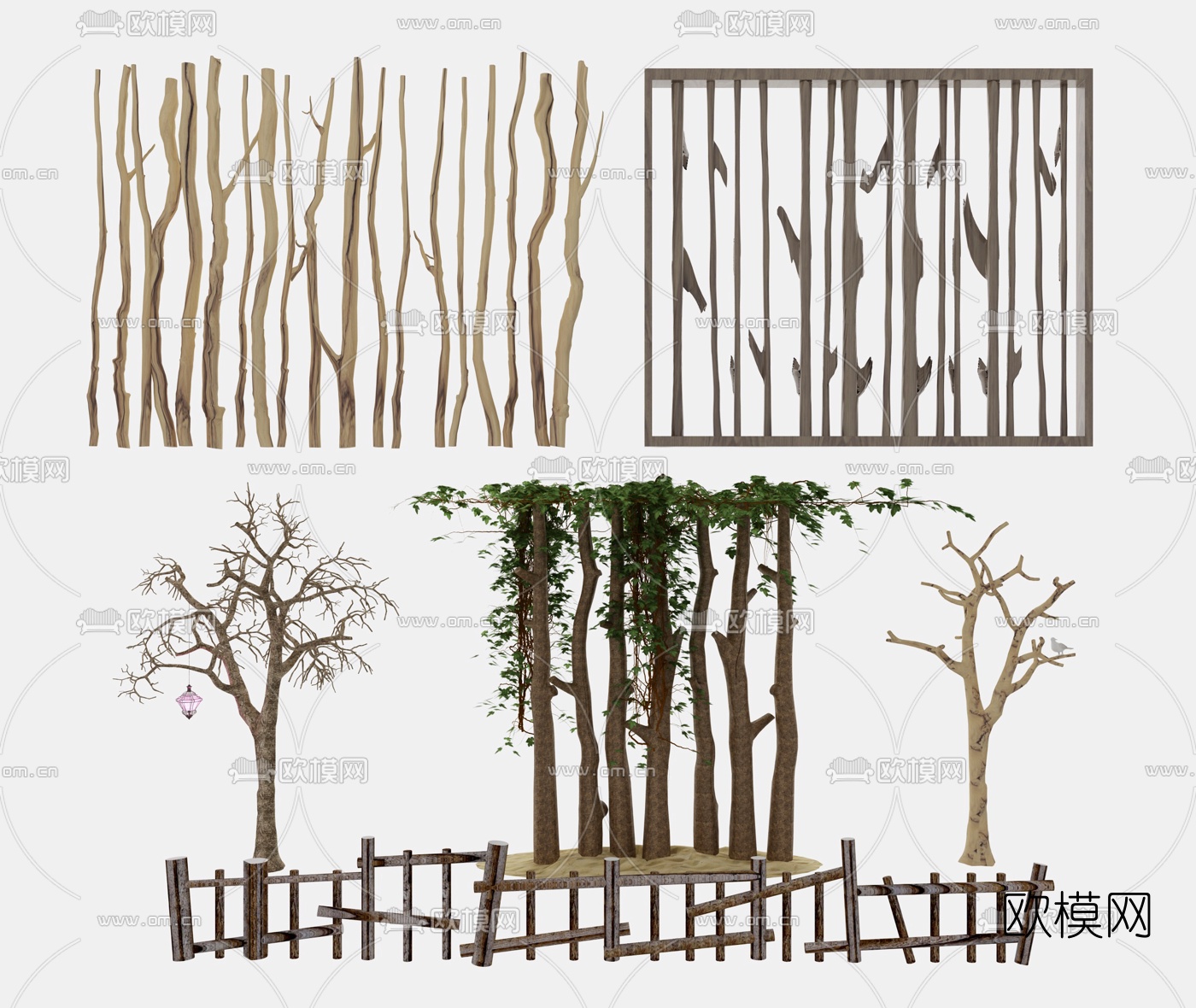 自然风原木枯树枝篱笆藤蔓屏风隔断3d模型下载
