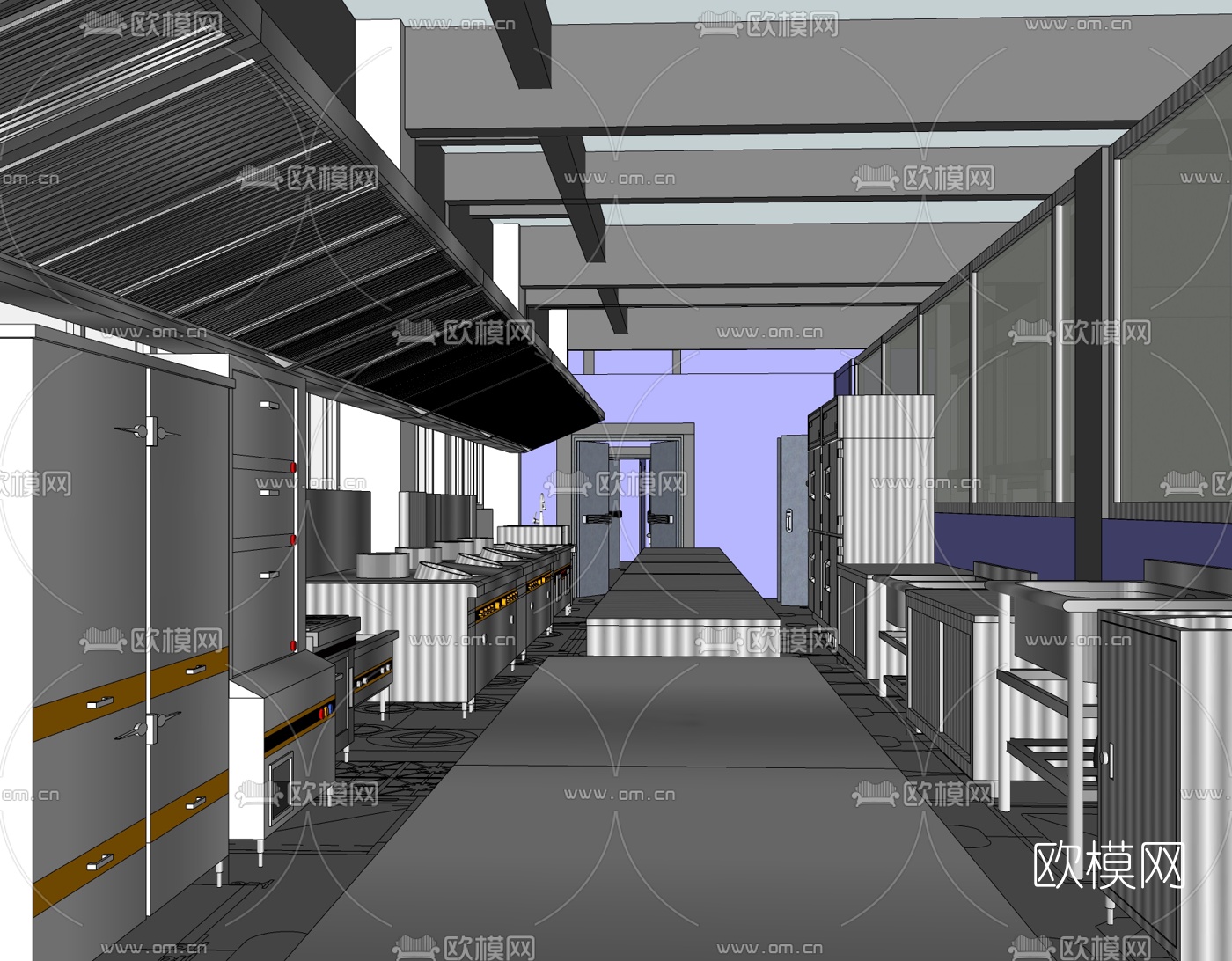 现代酒店中央厨房免费su模型下载（渲染图1）
