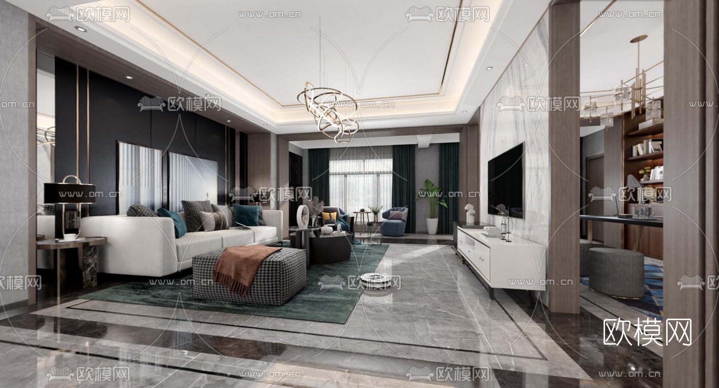 后现代轻奢客厅餐厅书房vr全景3d模型