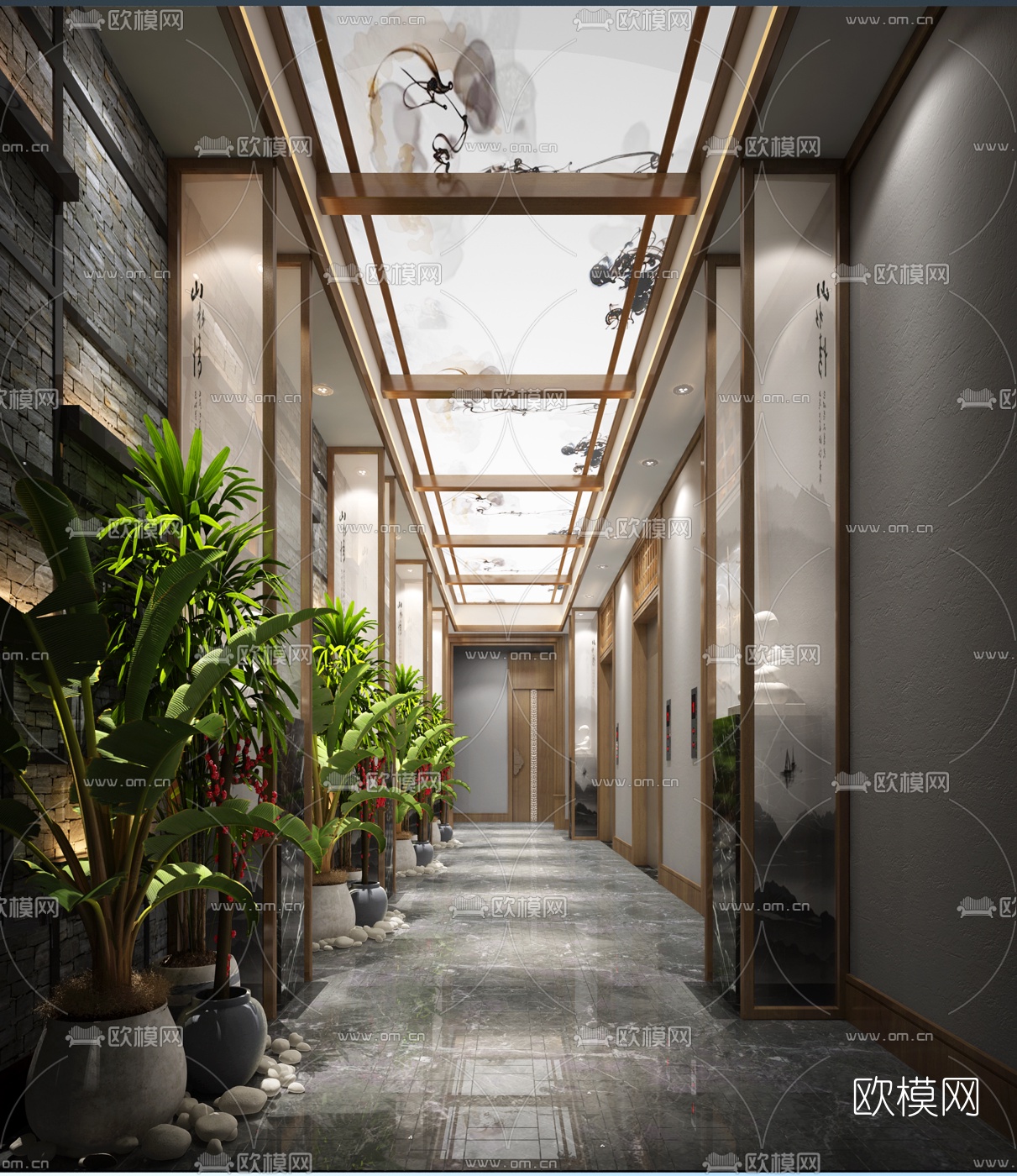 中式会所走廊过道3d模型-免费3dmax模型库-欧模网