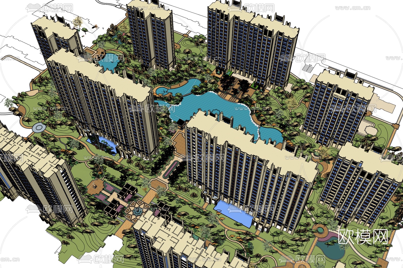 欧式小区景观免费su模型下载