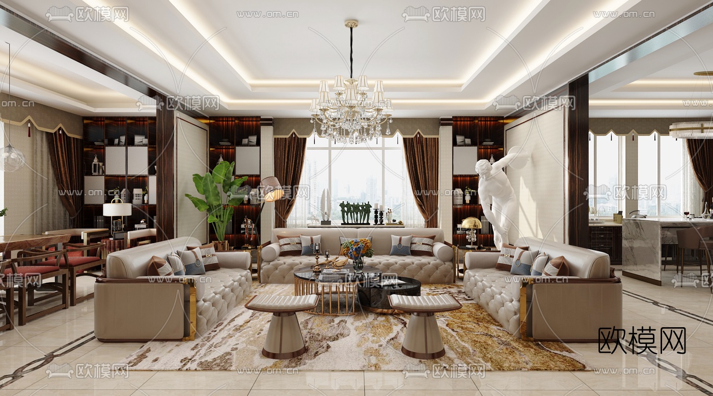 新古典轻奢客厅餐厅3d模型下载（渲染图1）