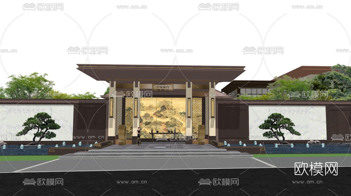 新中式售楼景观皇家蘭台府su模型下载（渲染图1）
