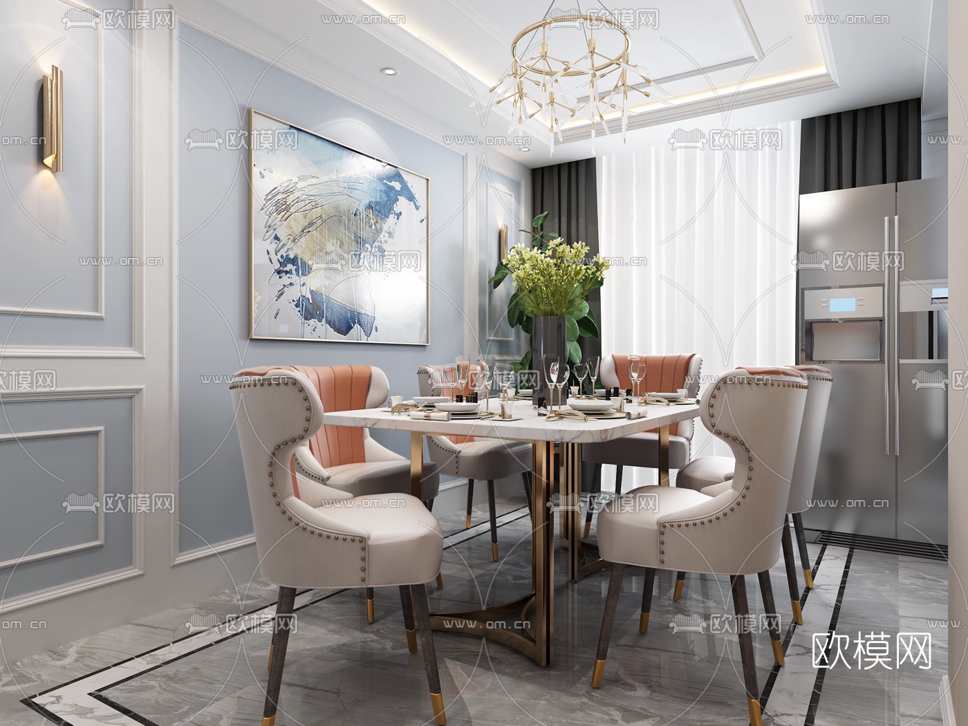 简欧客厅餐厅3d模型下载（渲染图2）