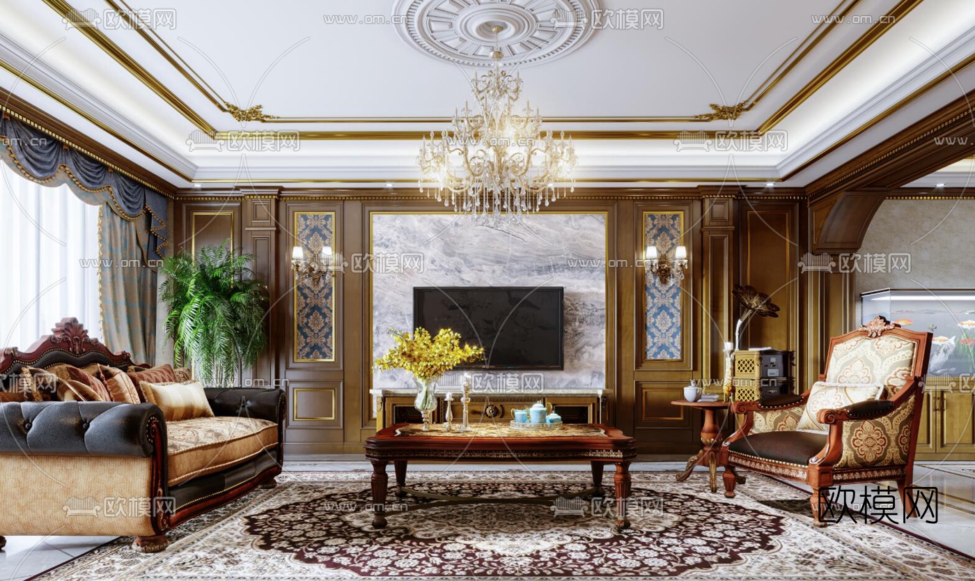 欧式古典客厅餐厅3d模型下载（渲染图3）