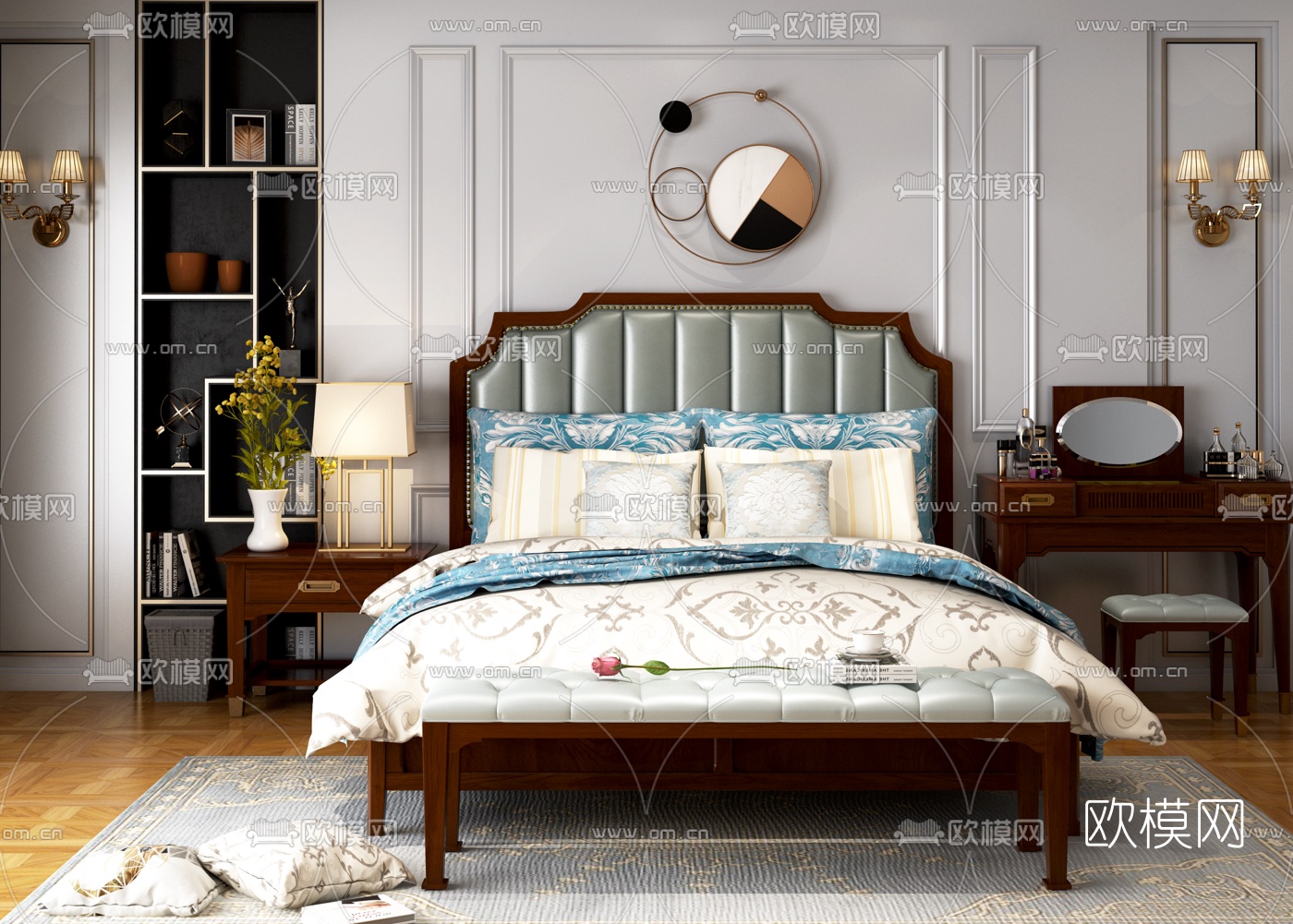 美式实木双人床3d模型下载