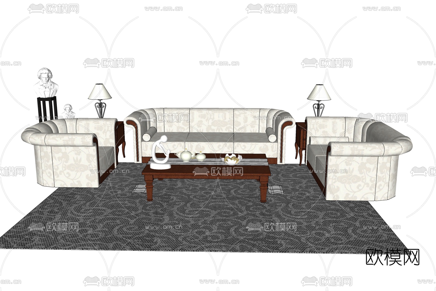 现代布艺组合沙发免费su模型下载