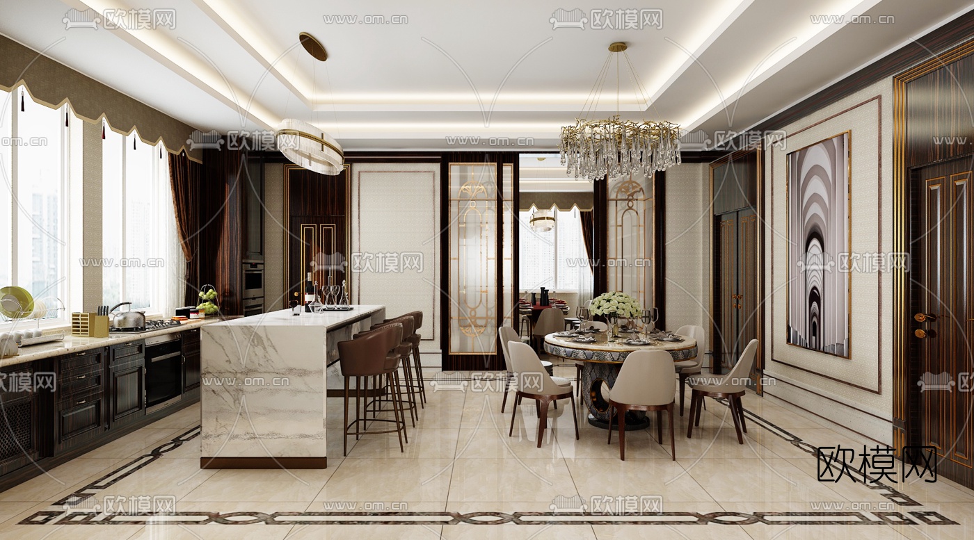 新古典轻奢客厅餐厅3d模型下载（渲染图3）