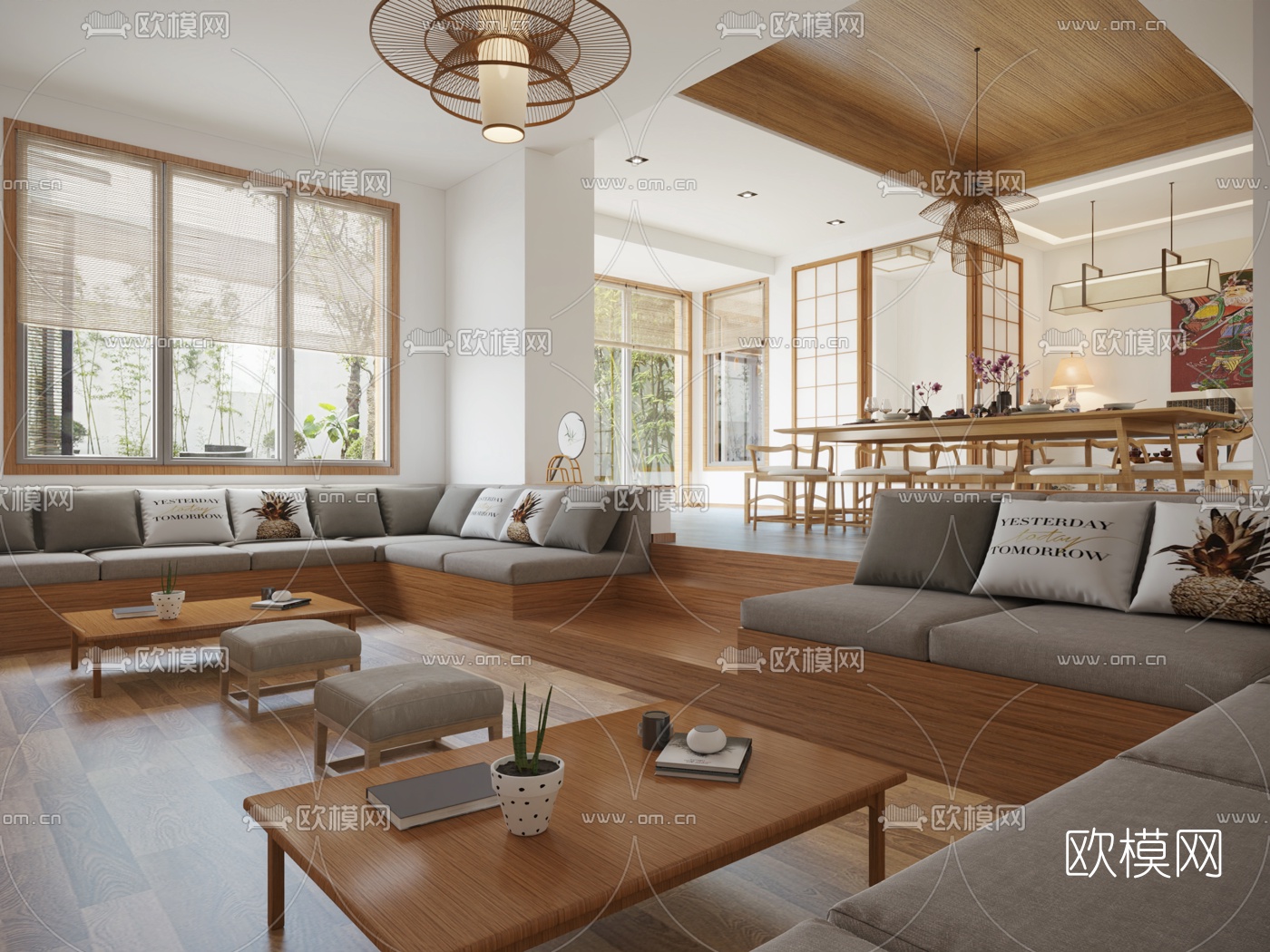 日式客厅餐厅3d模型下载（渲染图2）