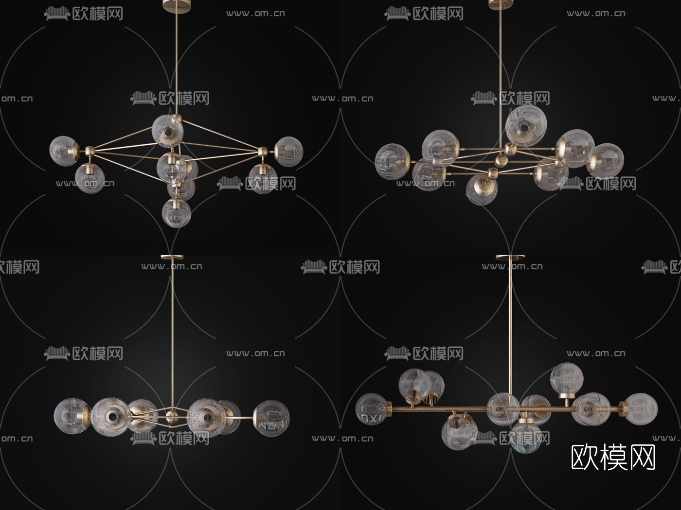 现代金属球形多头吊灯组合3d模型下载