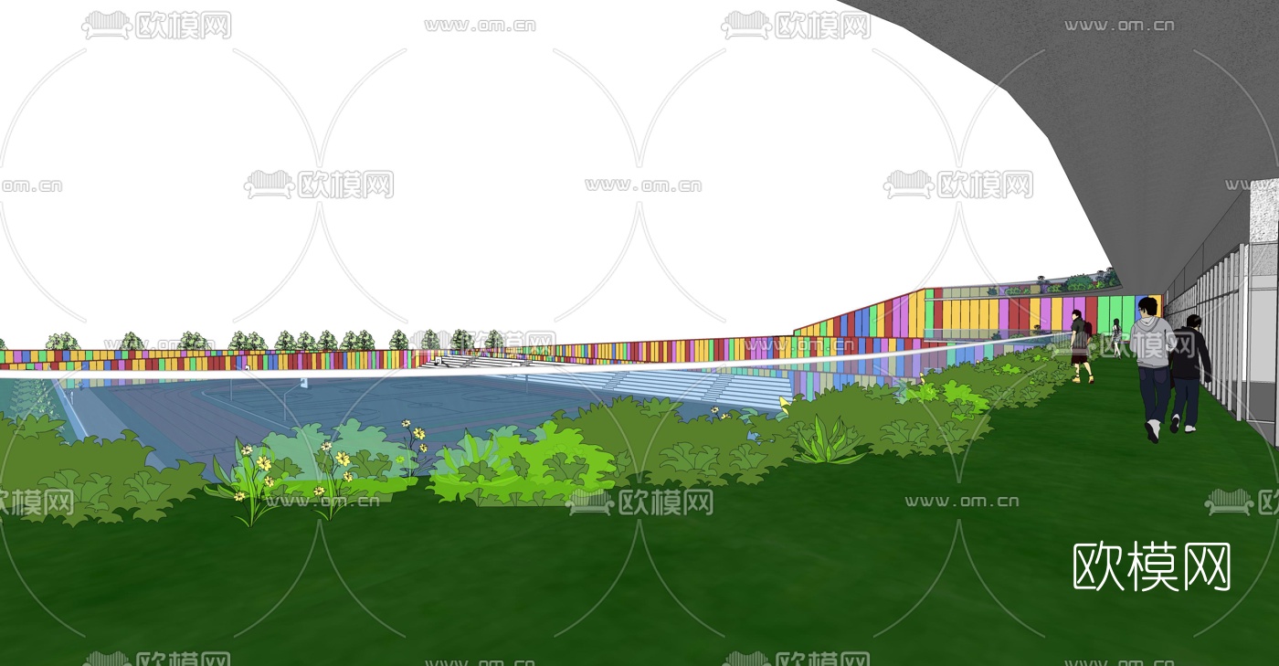 现代学校操场教学楼外观su模型下载（渲染图3）