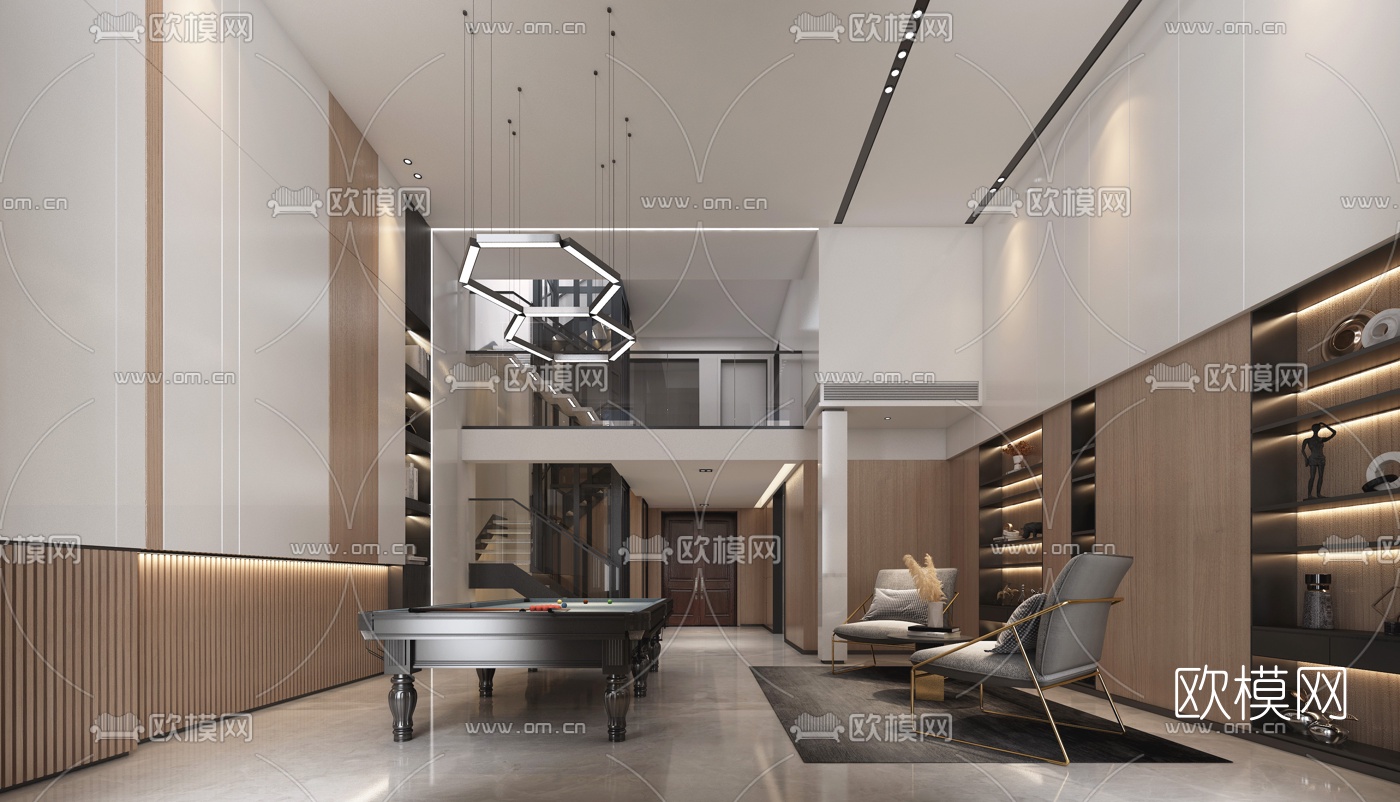 现代简约别墅台球室休闲室3d模型