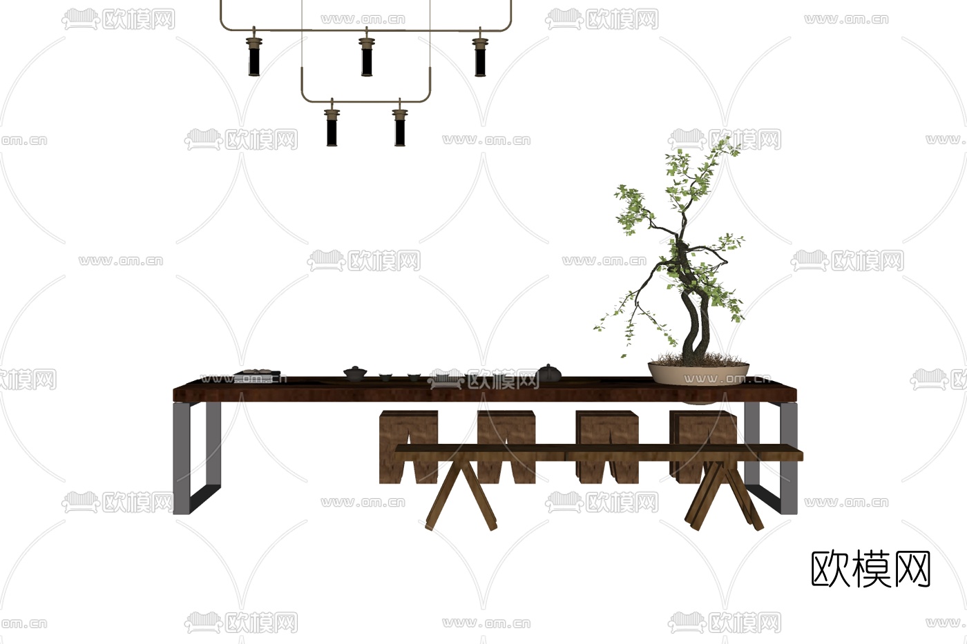 新中式茶桌椅免费su模型下载