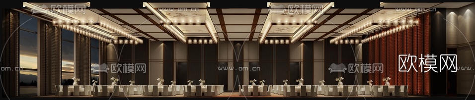 新中式酒店宴会厅3d模型下载(渲染图2)