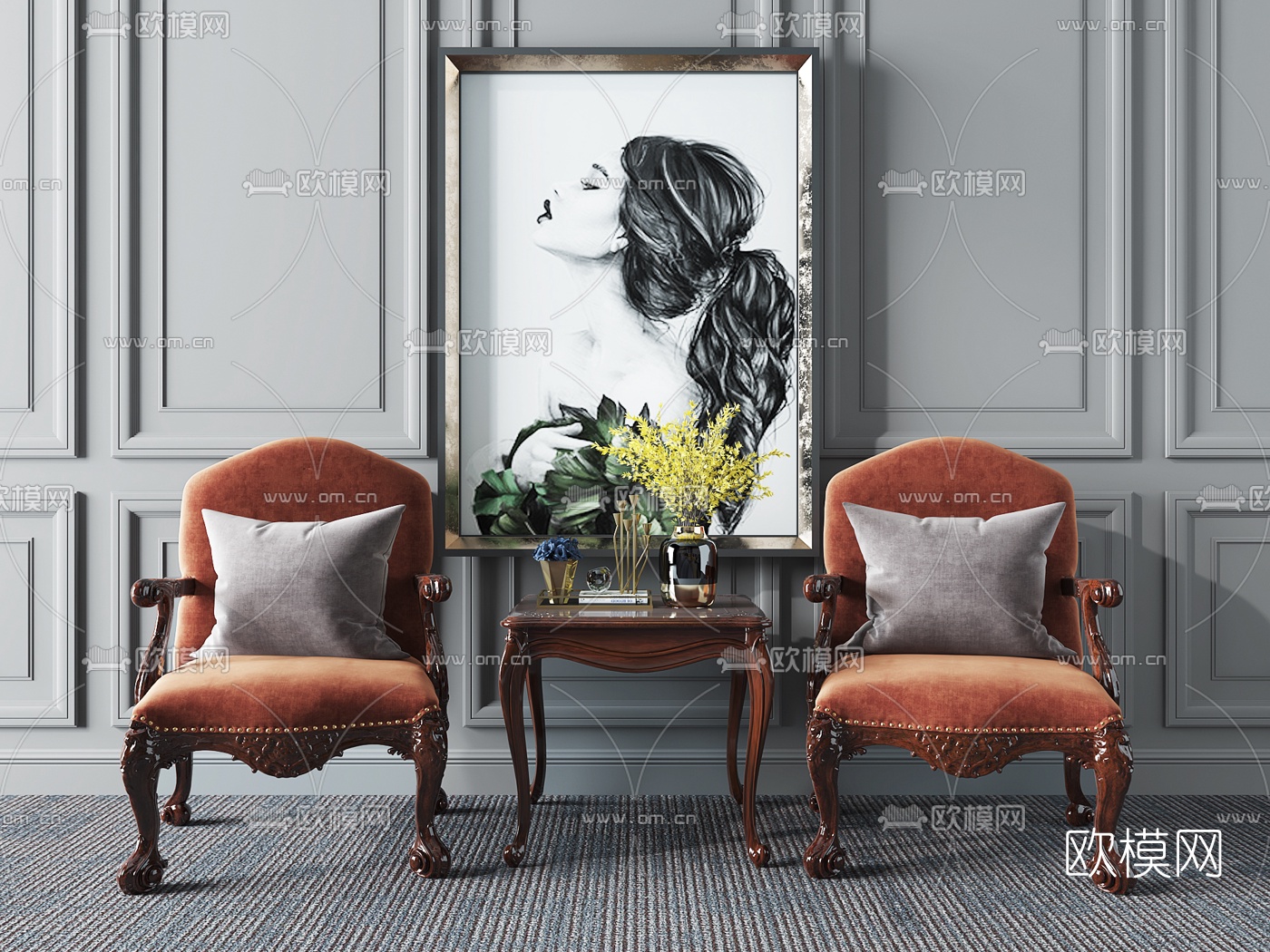 欧式古典布艺休闲椅3d模型下载