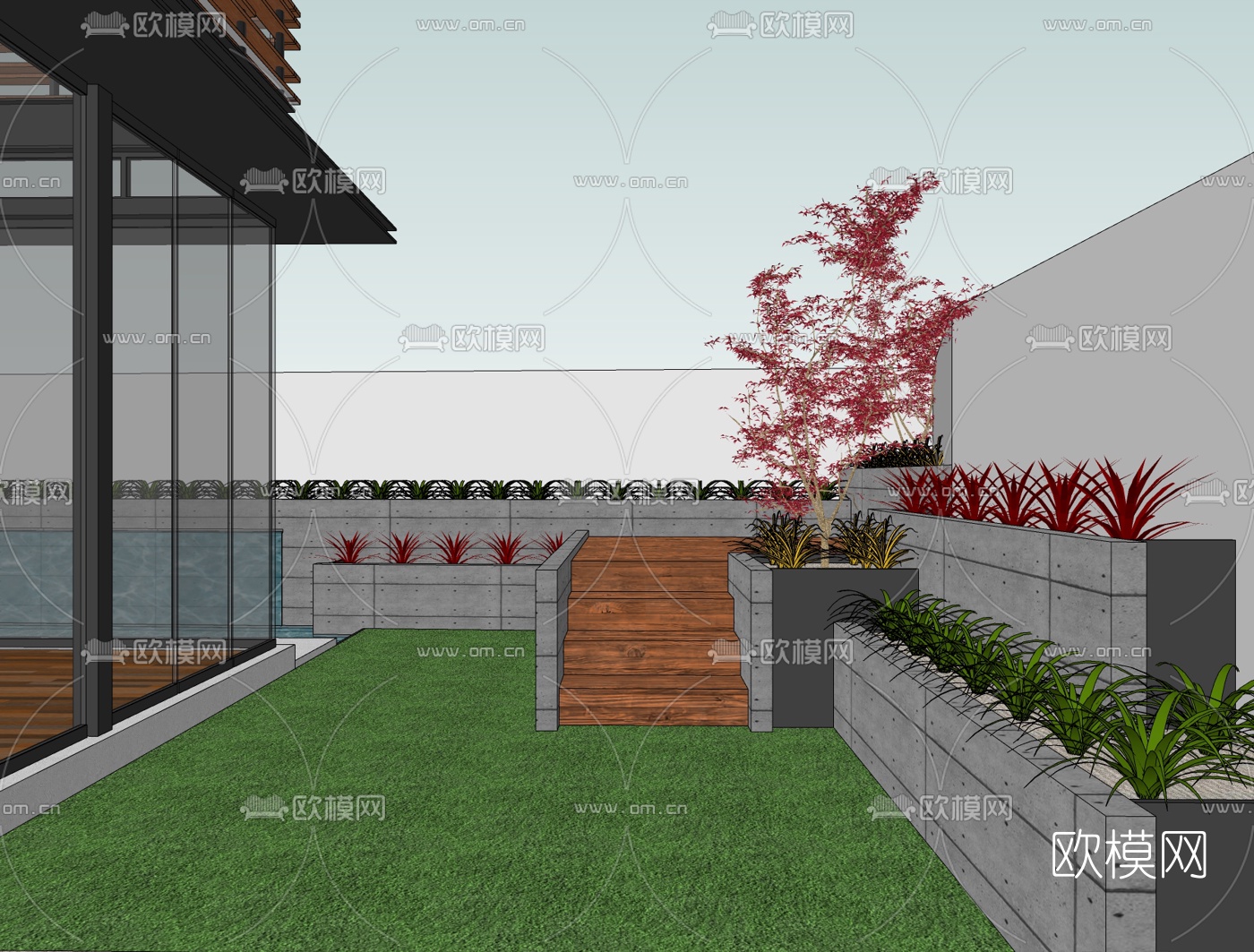 现代庭院景观免费su模型下载（渲染图2）