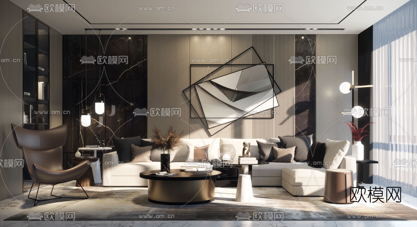 现代轻奢客厅3d模型下载（渲染图1）