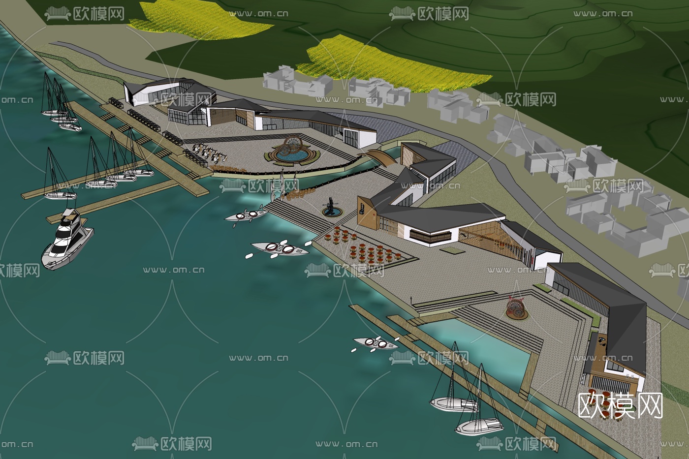 新中式码头建筑免费su模型下载