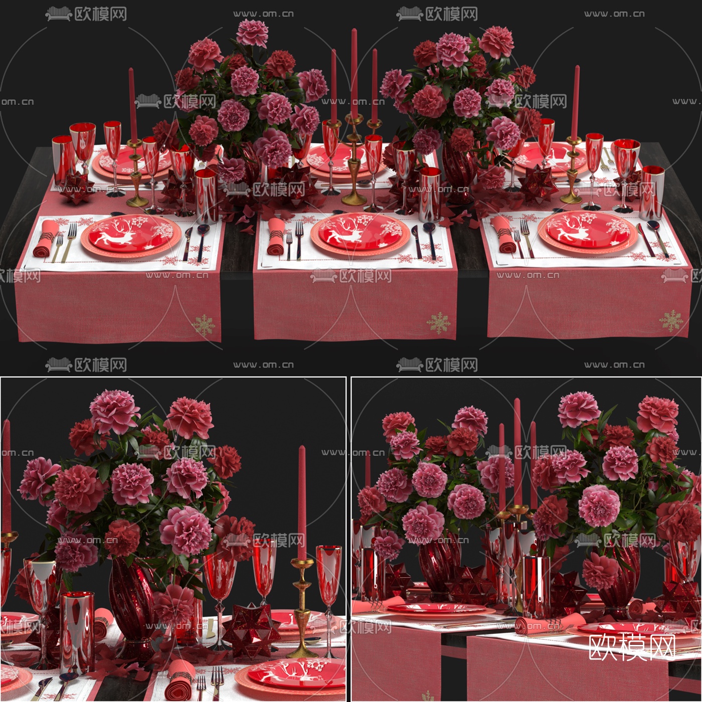 简欧红色餐具刀叉烛台3d模型