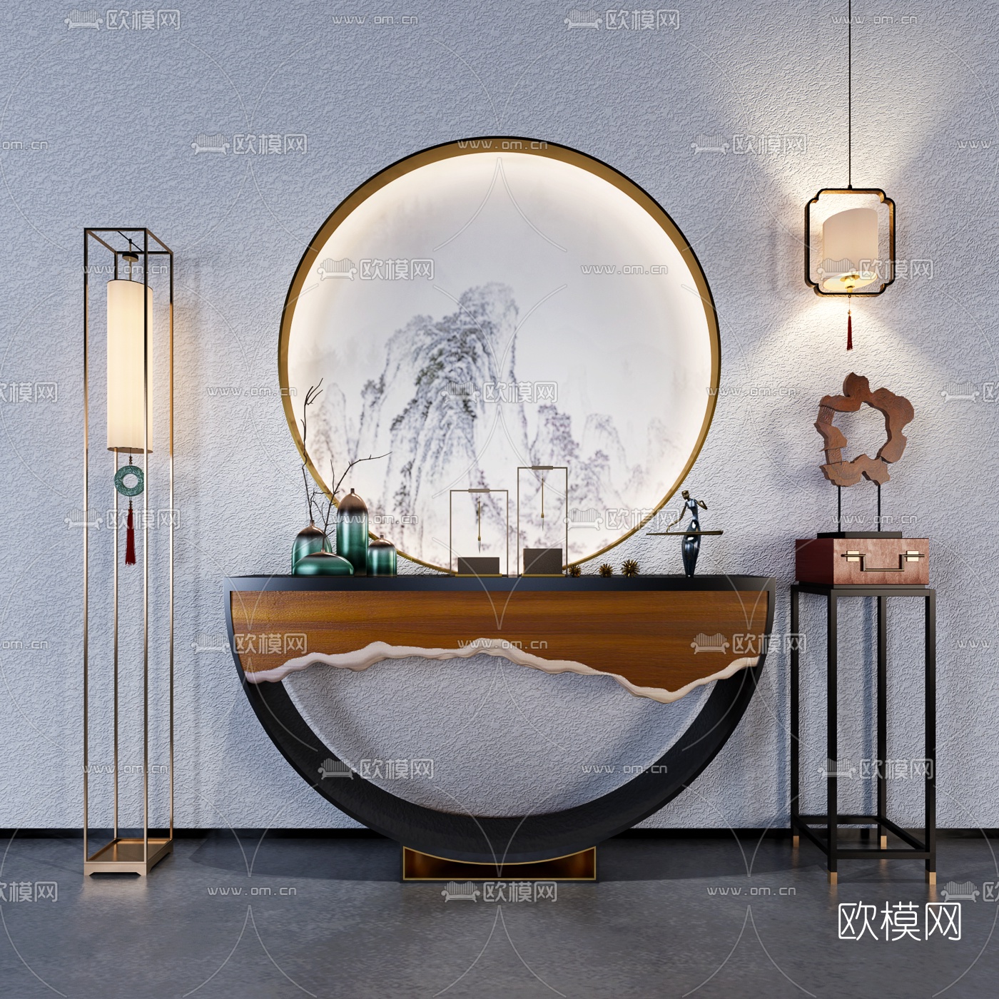 新中式实木端景台3d模型下载