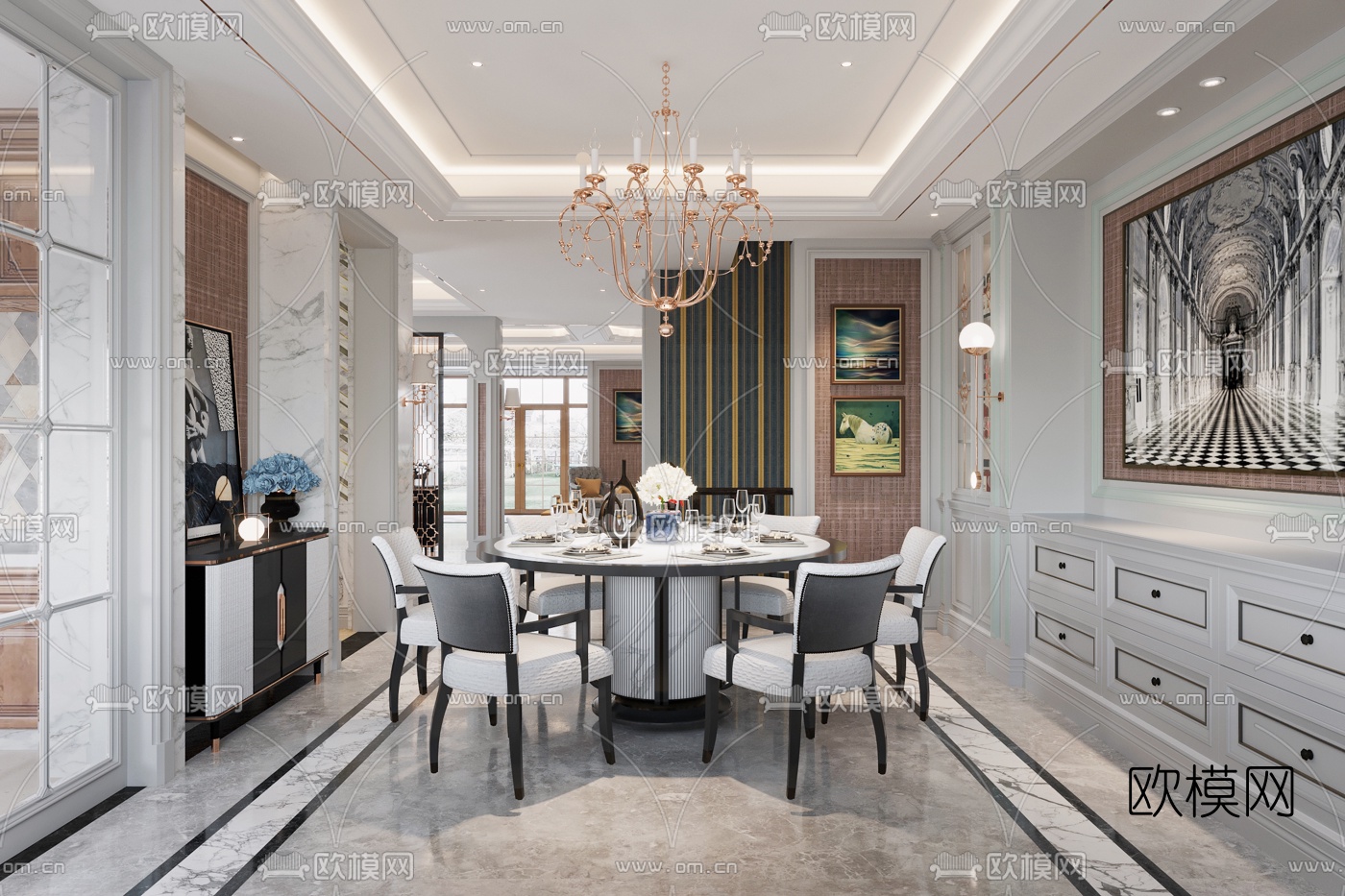 欧式别墅客厅餐厅3d模型下载（渲染图3）