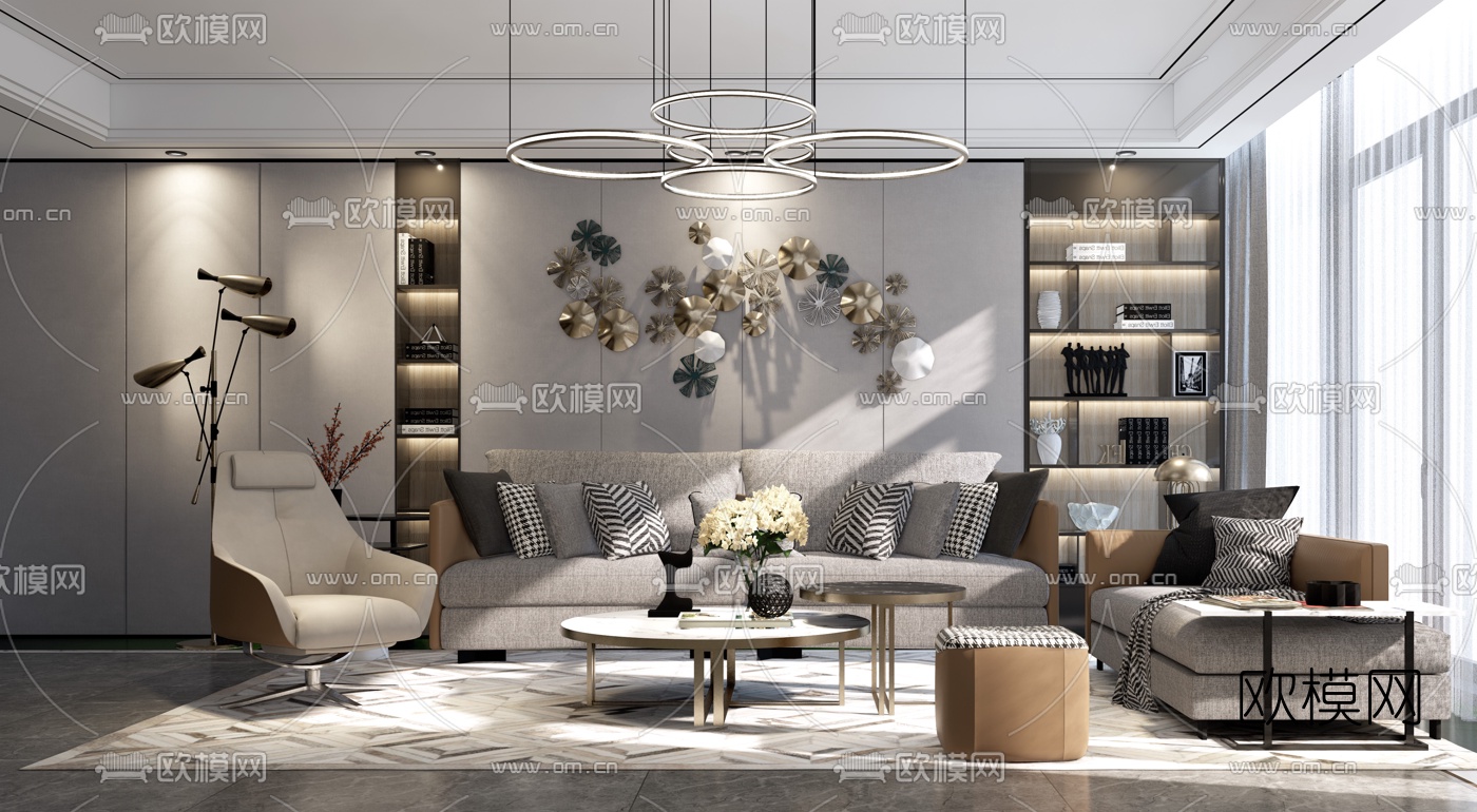 现代轻奢沙发组合su模型下载（渲染图1）