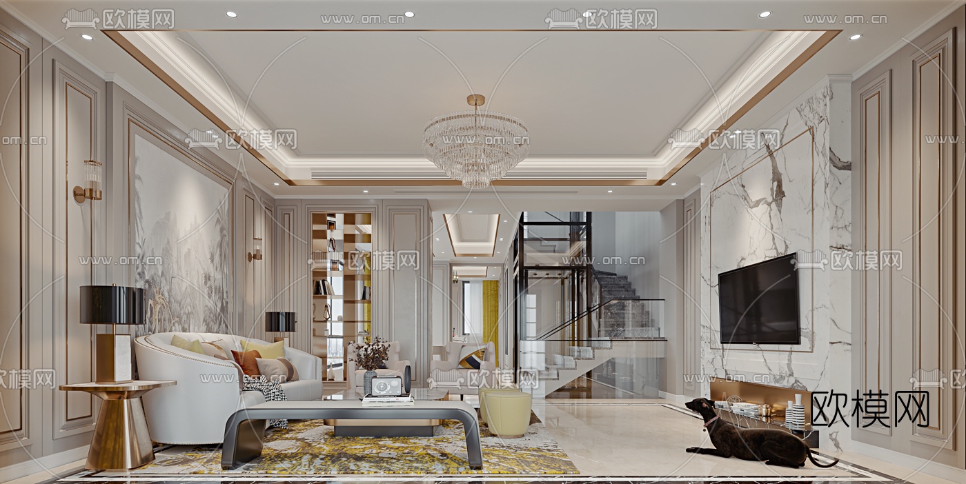 现代轻奢复式客厅餐厅3d模型
