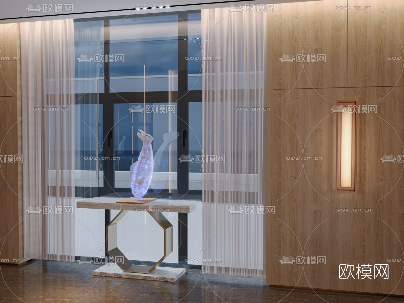 新中式办公室走廊过道3d模型下载（渲染图3）