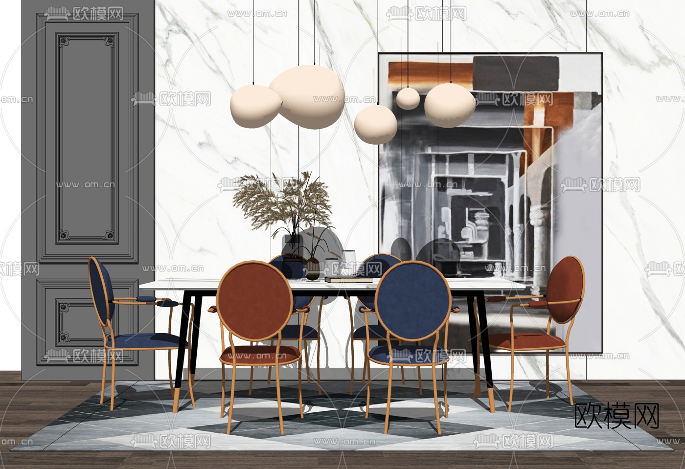 现代大理石餐桌椅su模型下载