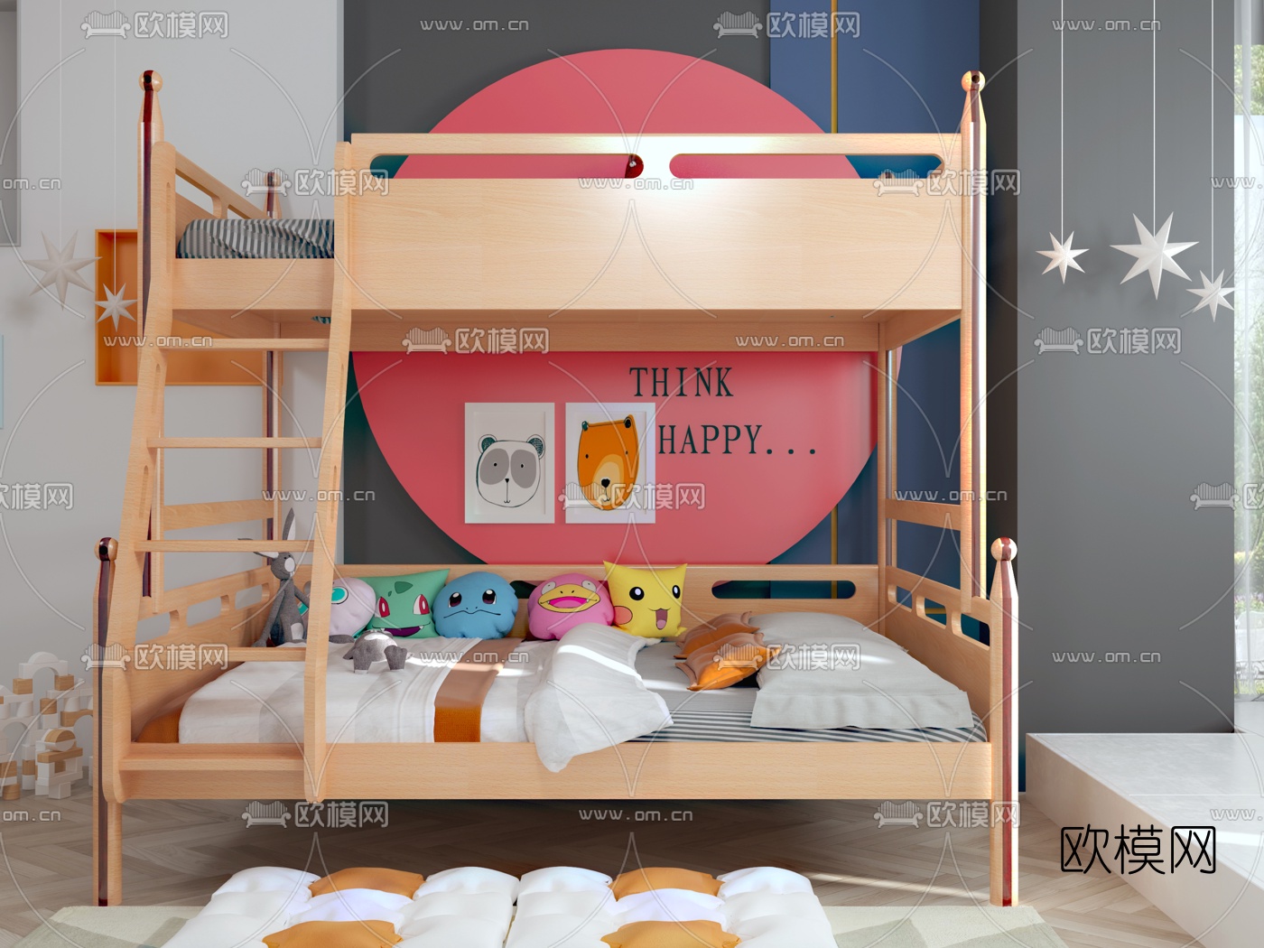 现代实木上下铺儿童床3d模型下载（渲染图3）