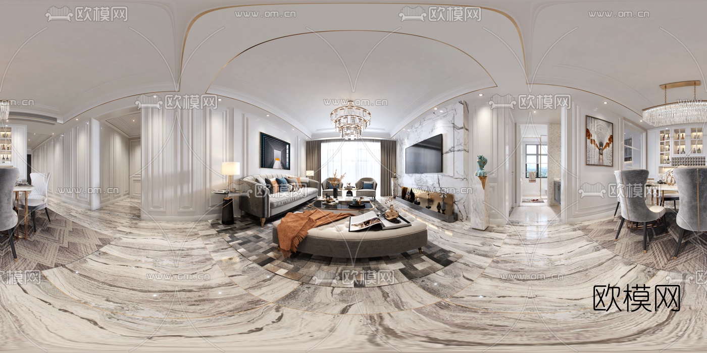 简欧轻奢客餐厅vr全景3d模型