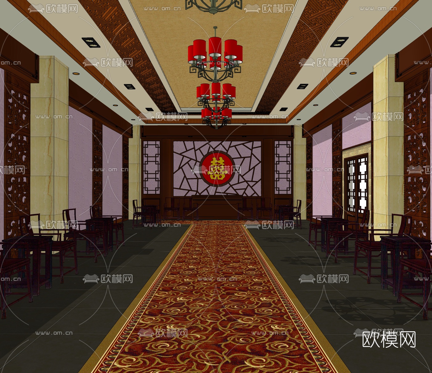 中式婚礼宴会厅免费su模型下载