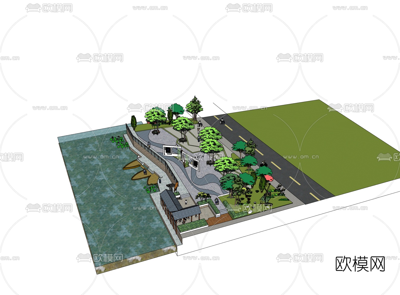 中式园林景观鸟瞰规划免费su模型下载