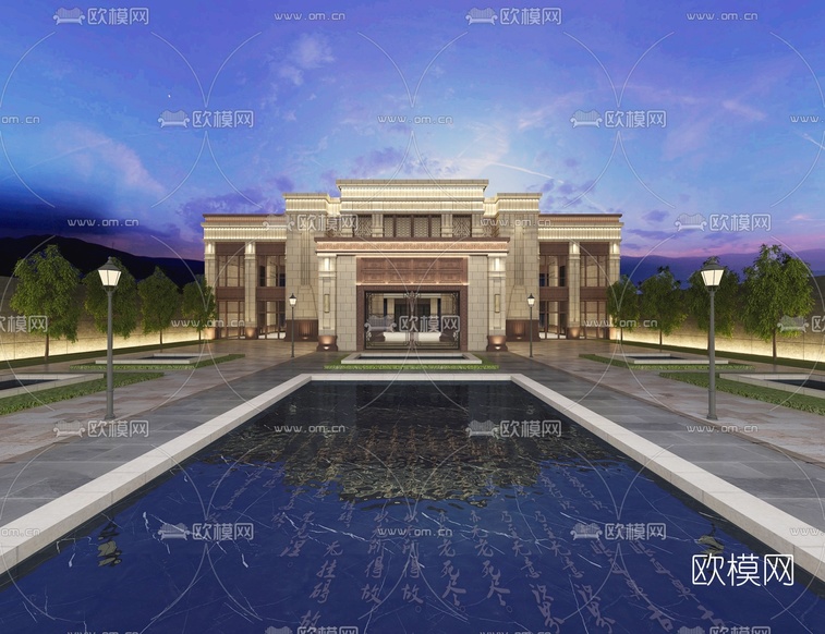 新中式夜景售楼处3d模型下载(渲染图1)