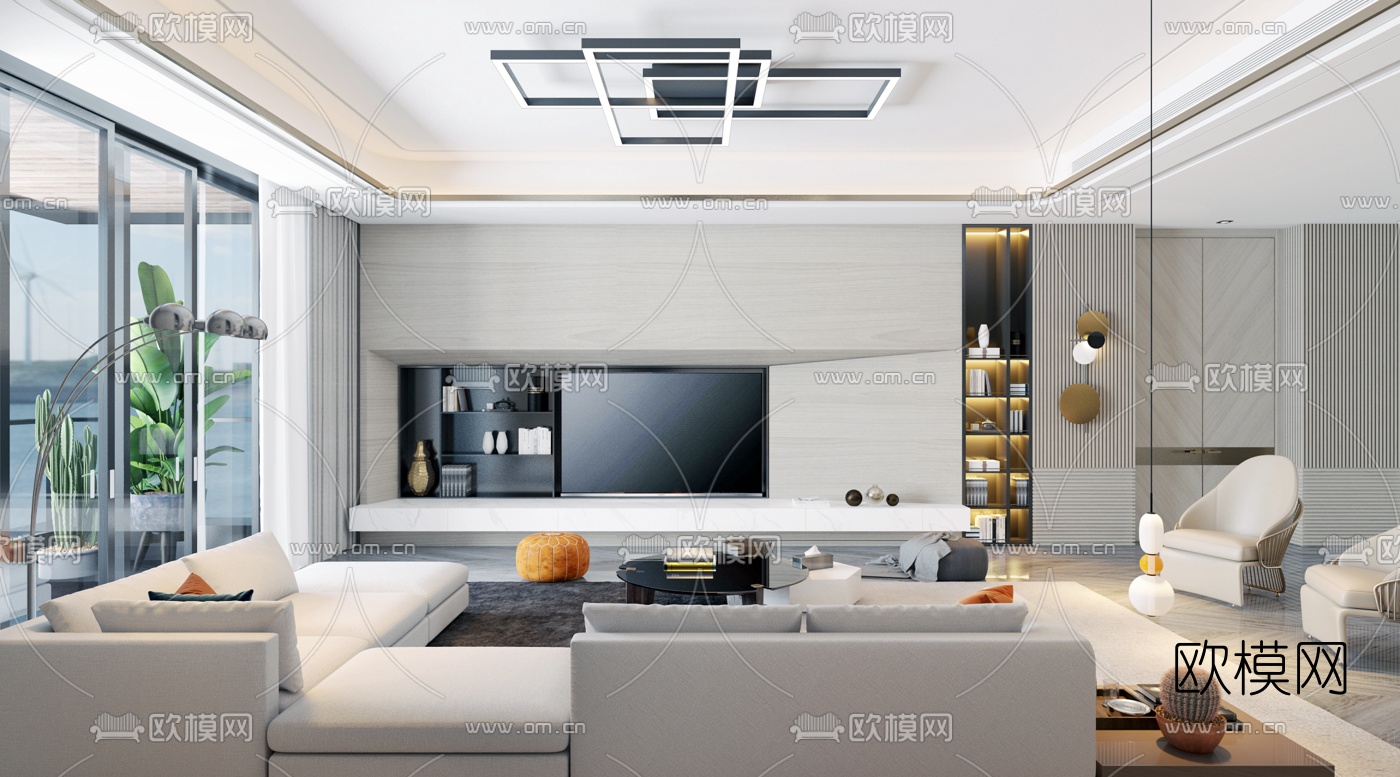 现代客厅沙发组合3d模型-免费3dmax模型库-欧模网