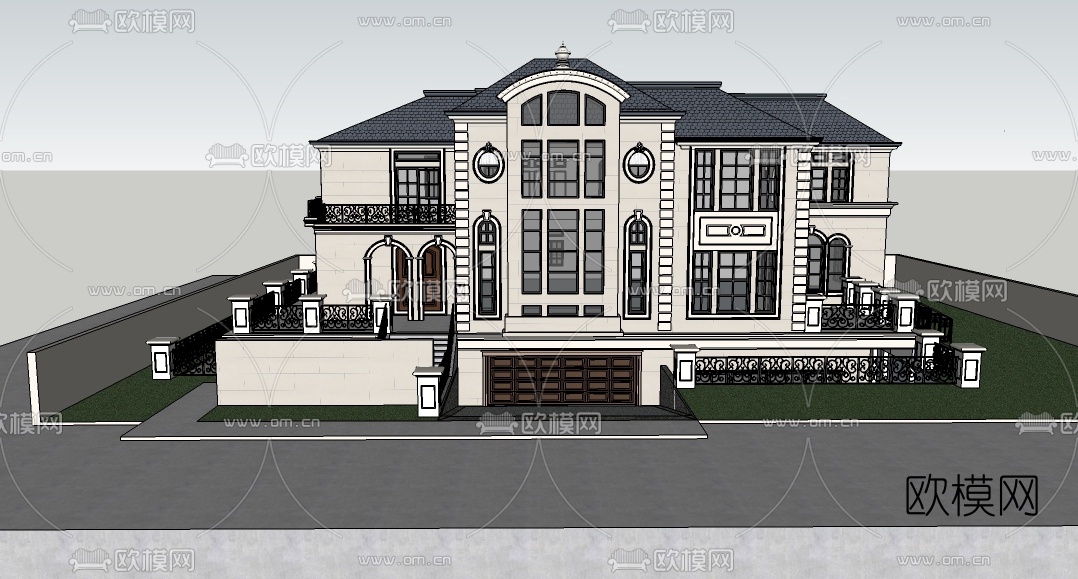 法式独栋别墅外观su模型下载（渲染图2）