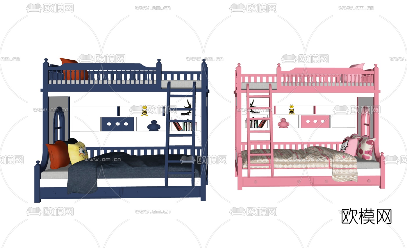 地中海上下铺儿童床su模型下载（渲染图1）