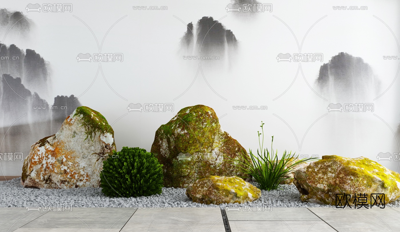 新中式青苔山石绿植景观小品3d模型下载