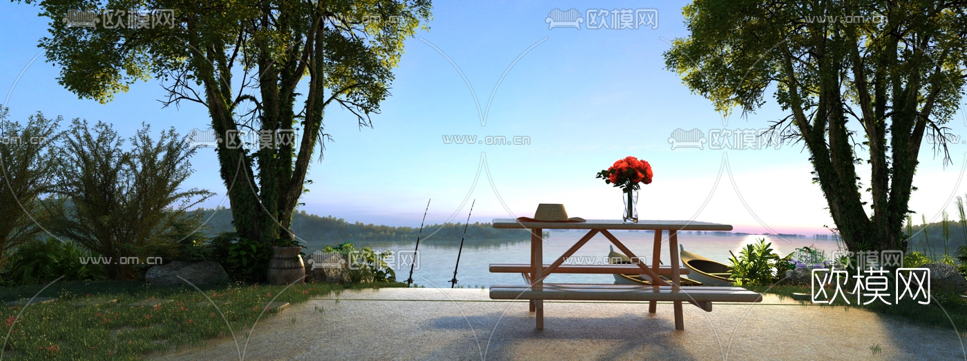 现代湖边小景3d模型下载