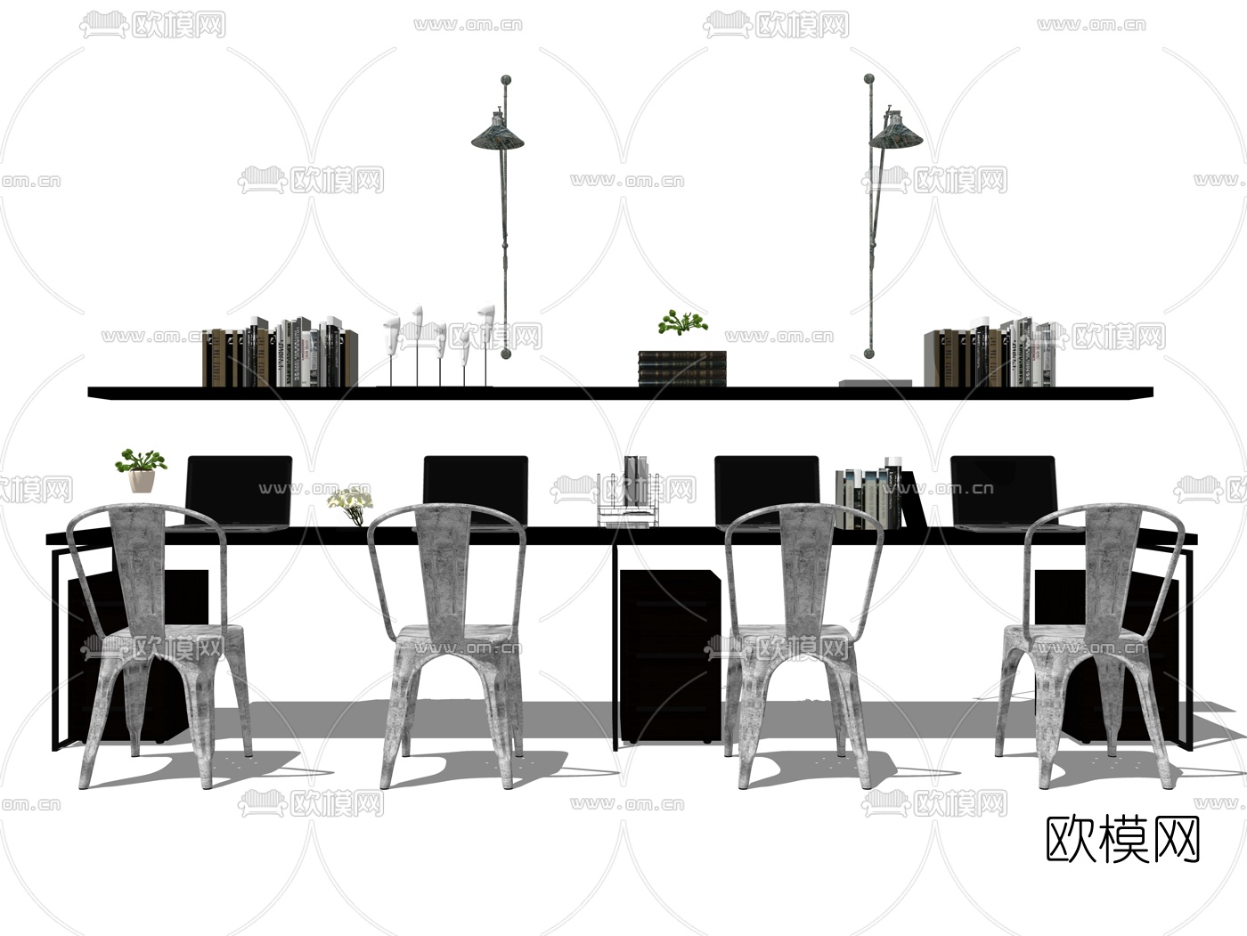 工业风卡座办公桌su模型下载（渲染图1）