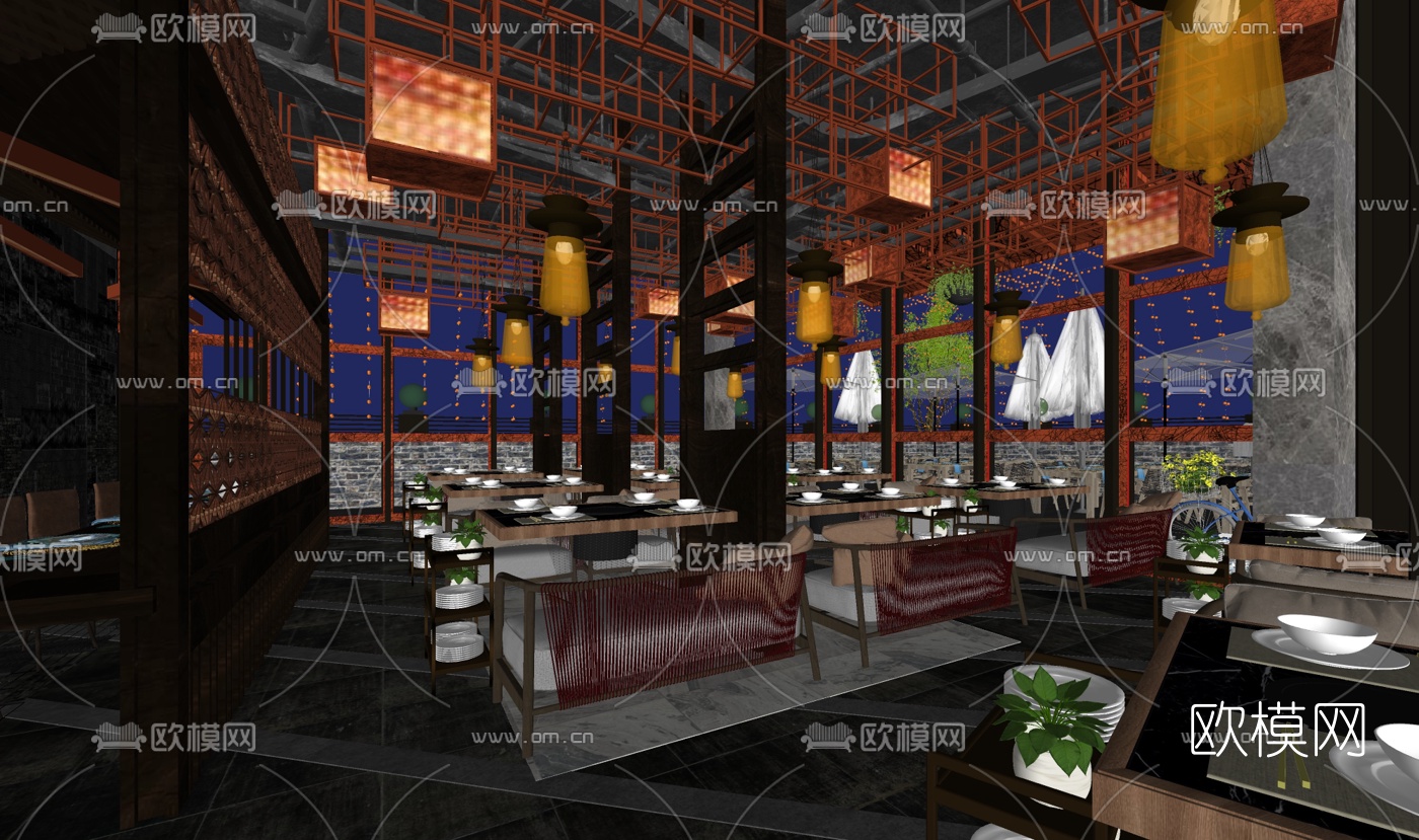 新中式特色餐厅su模型下载