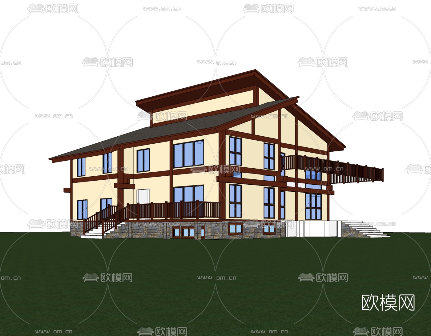 新中式独栋别墅免费su模型-免费3dmax模型库-欧模网