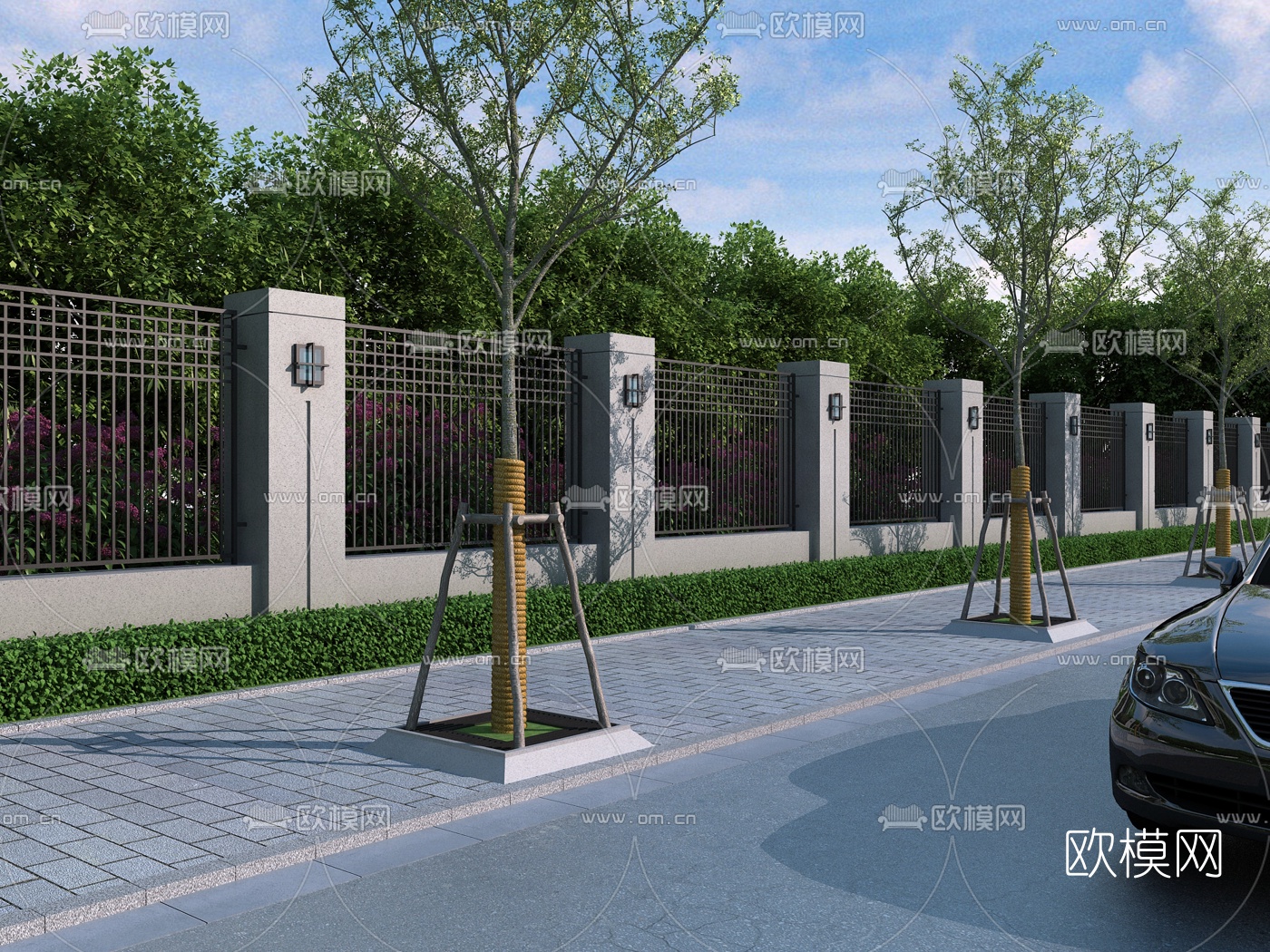 现代围墙人行道树池3d模型下载（渲染图2）