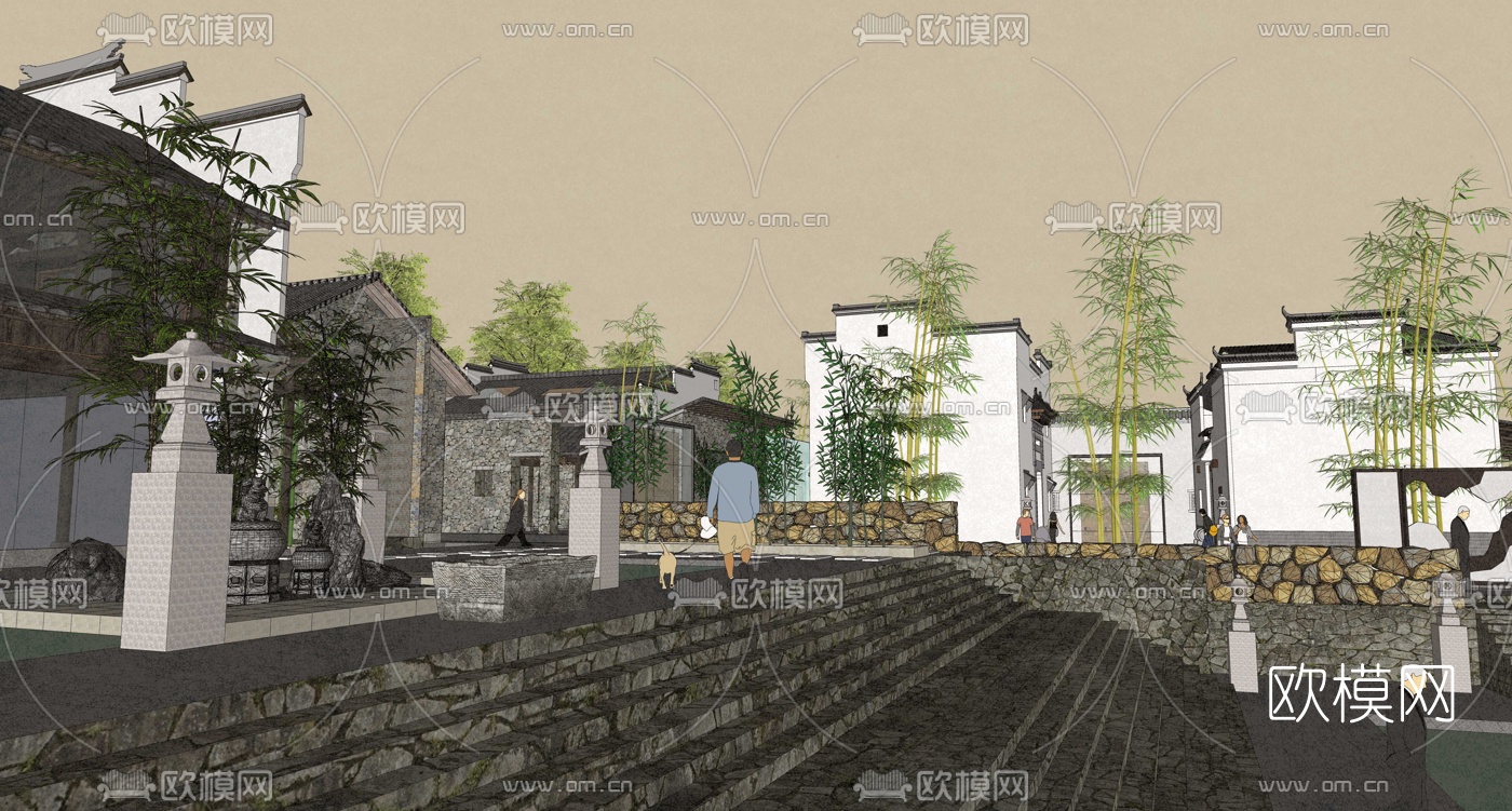 中式徽派古建外观su模型下载（渲染图1）